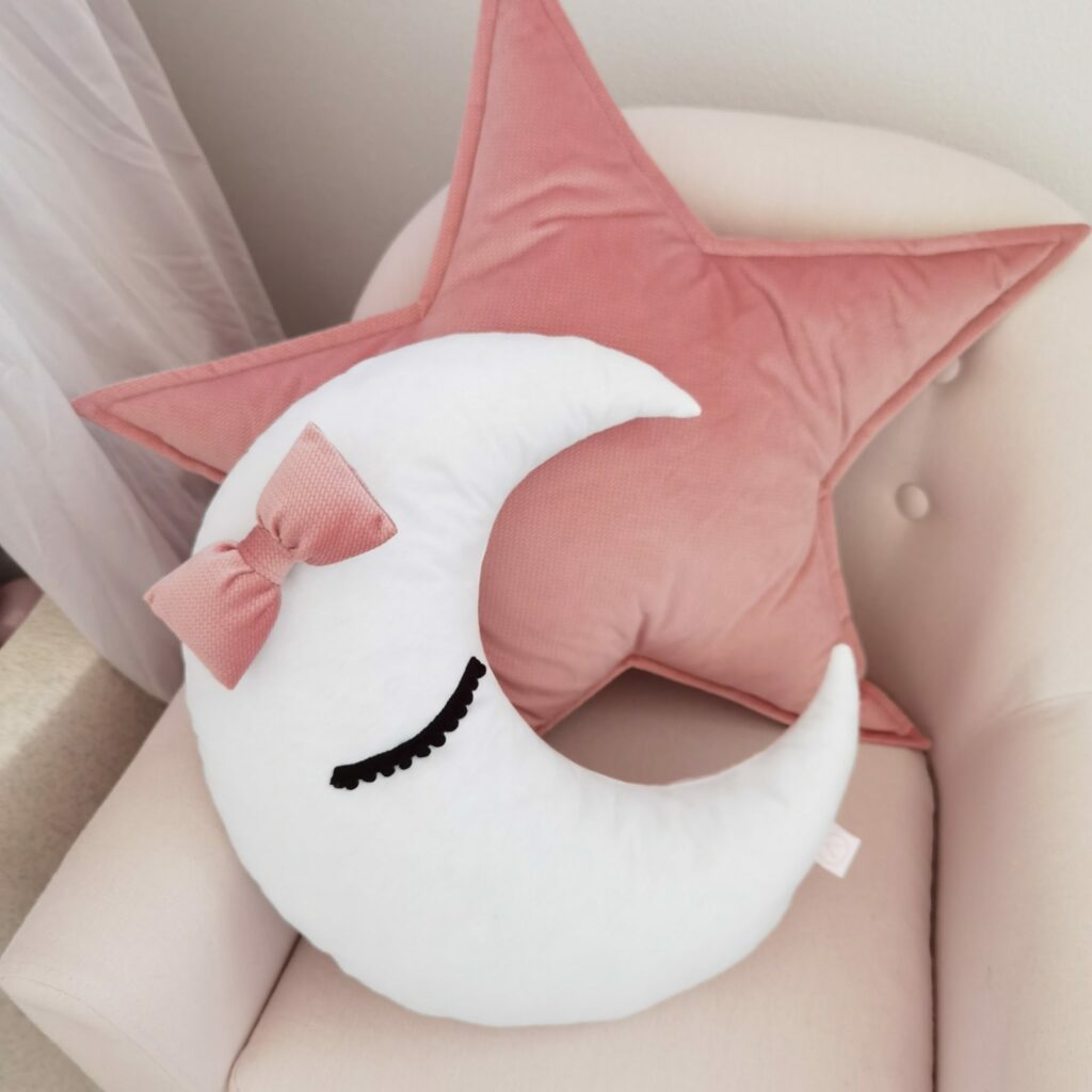 Polštář Měsíc velvet s mašličkou a očičky