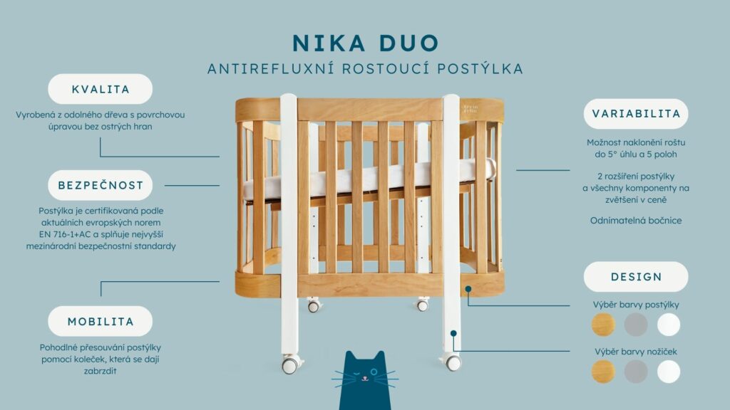 Dětská antirefluxní rostoucí postýlka Nika Duo – bílá s dřevěnými nožičkami